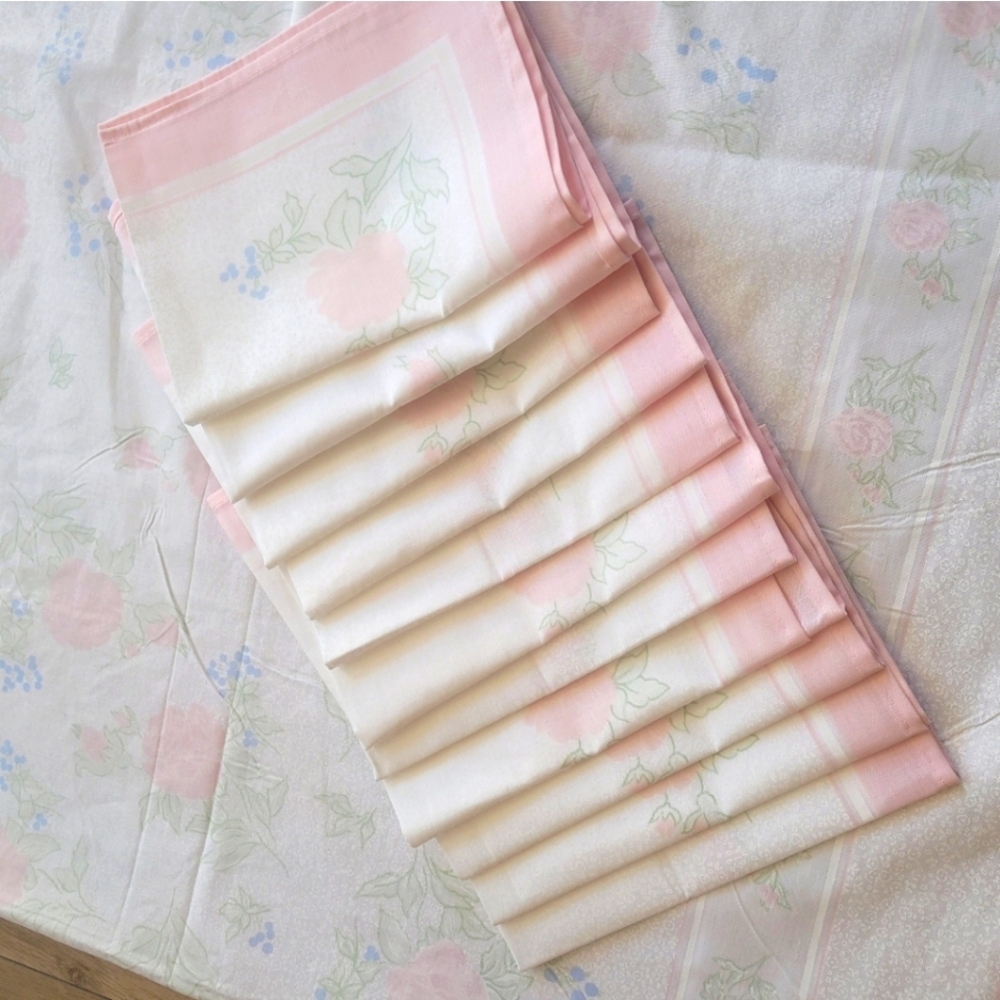 Dior Vintage 8’4” Tablecloth & 11 Napkins Set Pink Pastel Floral Cotton Linen
